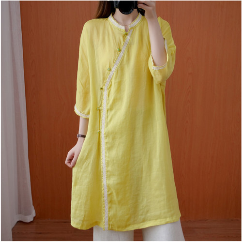 苎麻立领斜襟盘扣中式茶服夏装