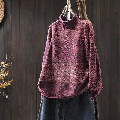 复古渐变撞色半高领毛衣女秋冬季爆款洋气宽松套头打底棉线针织衫