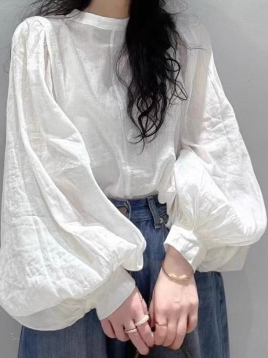 灯笼袖白色衬衫女长袖上衣微胖mm早秋韩版百搭宽松立领泡泡袖衬衣