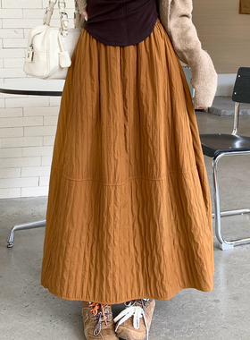 日系文艺绗线保暖半身裙女秋冬大码胖mm梨形身材中长款a字伞裙子