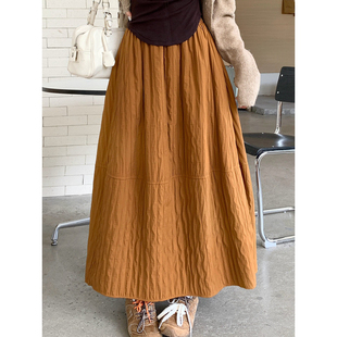 日系文艺绗线保暖半身裙女秋冬大码 a字伞裙子 胖mm梨形身材中长款