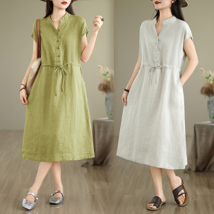 抽绳收腰显瘦亚麻衬衫 新款 裙子 连衣裙女2025夏季 气质高端苎麻短袖