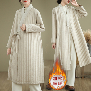 新中式V领斜襟系带棉服女秋冬大码中长款夹棉加厚绗缝条纹长外套