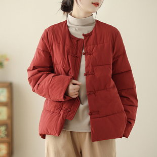 新中式国风红色棉衣女2024冬季复古盘扣棉袄休闲圆领棉服短款外套