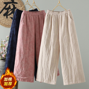 休闲直筒阔腿裤 中式 外穿松紧腰亚麻防寒保暖裤 女冬季 提花夹棉棉裤
