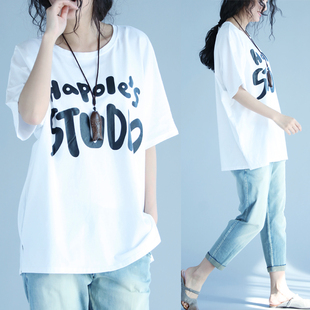 纯棉短袖 女装 t恤女印花 胖mm宽松中长款 上衣 特价 百搭半袖 清仓大码