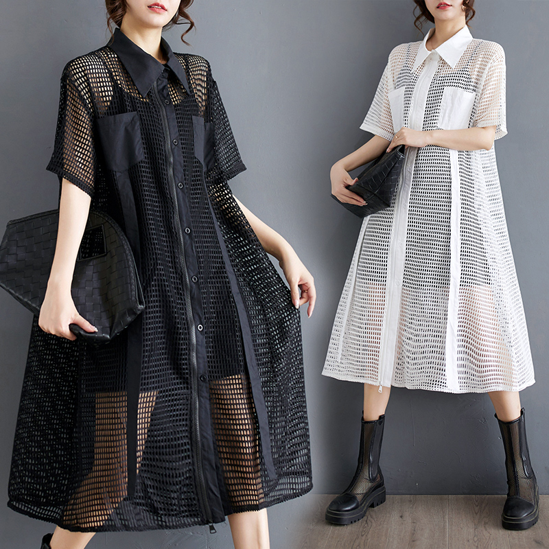 大码胖mm新款女夏季小众设计感镂空时尚衬衫裙网格透视拉链A字裙