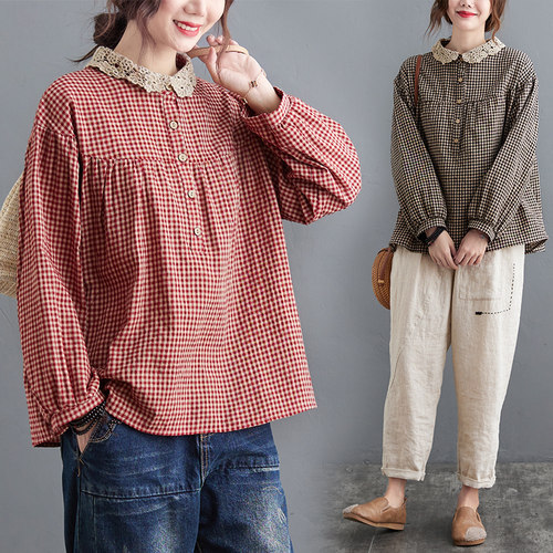 棉麻格子衬衫宽松大码蕾丝拼接