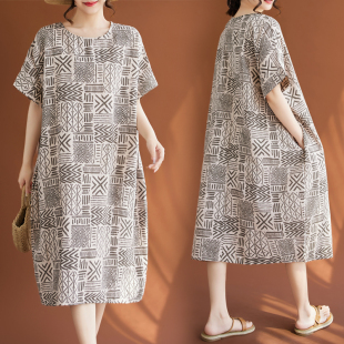 新款 复古印花棉麻短袖 裙子夏季 洋气遮肉显瘦中长款 2025 连衣裙大码