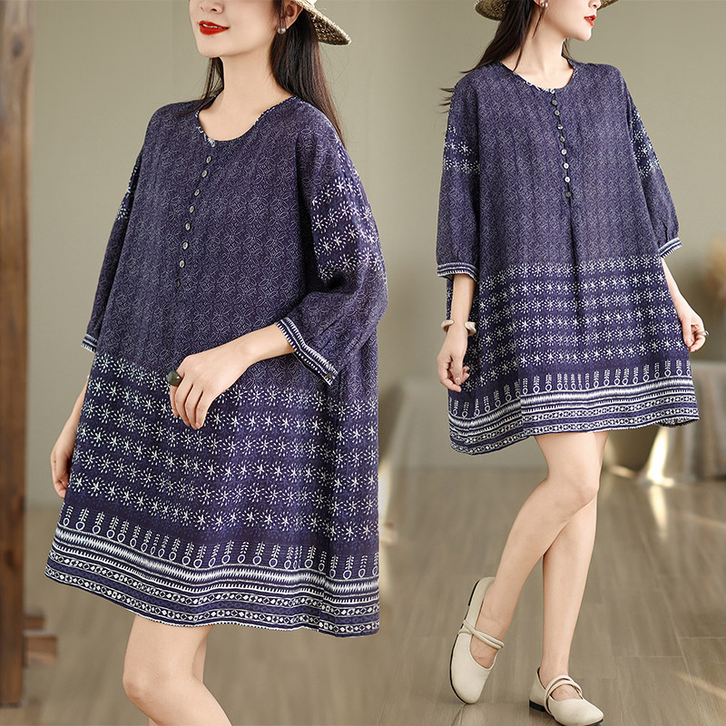 民族风苎麻印花圆领衬衫裙女夏薄款宽松A字裙大码胖MM中袖连衣裙