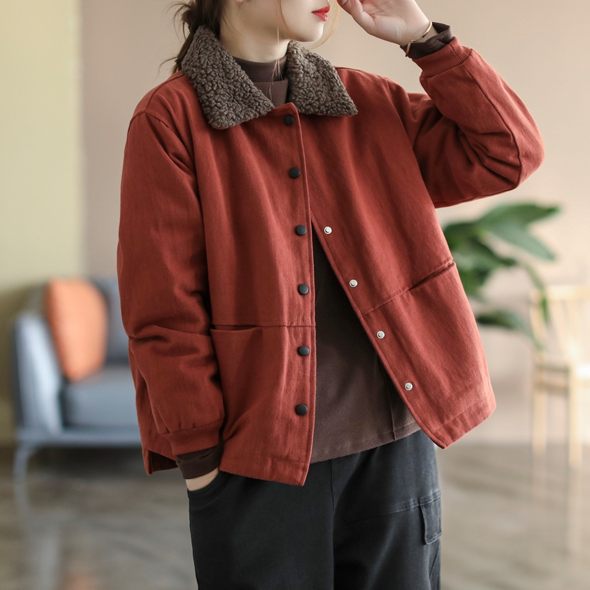 文艺复古棉质纯色棉衣冬季2024新款加绒加厚保暖短款棉袄外套女装