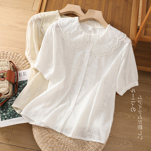 女短袖 2023夏季 新款 娃娃领镂空刺绣白色衬衫 衬衣宽松减龄遮肚上衣