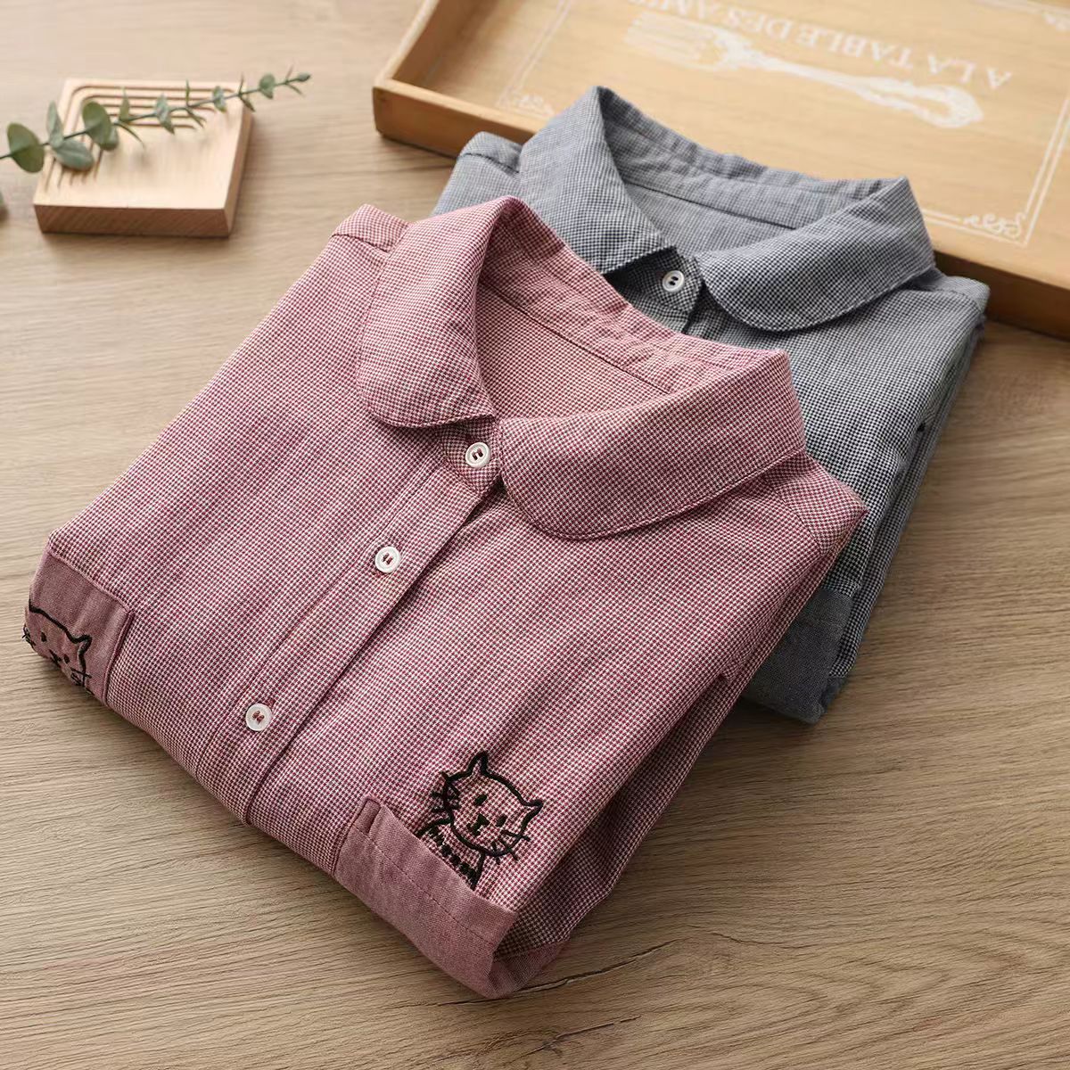 双层棉纱千鸟格长袖衬衫女秋季宽松森系减龄猫咪刺绣纯棉打底衬衣