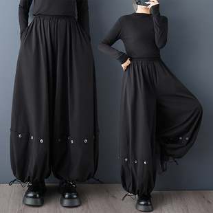 大码胖妹妹宽松bf慵懒风裙裤黑色阔腿裤女秋季高腰显瘦灯笼花苞裤