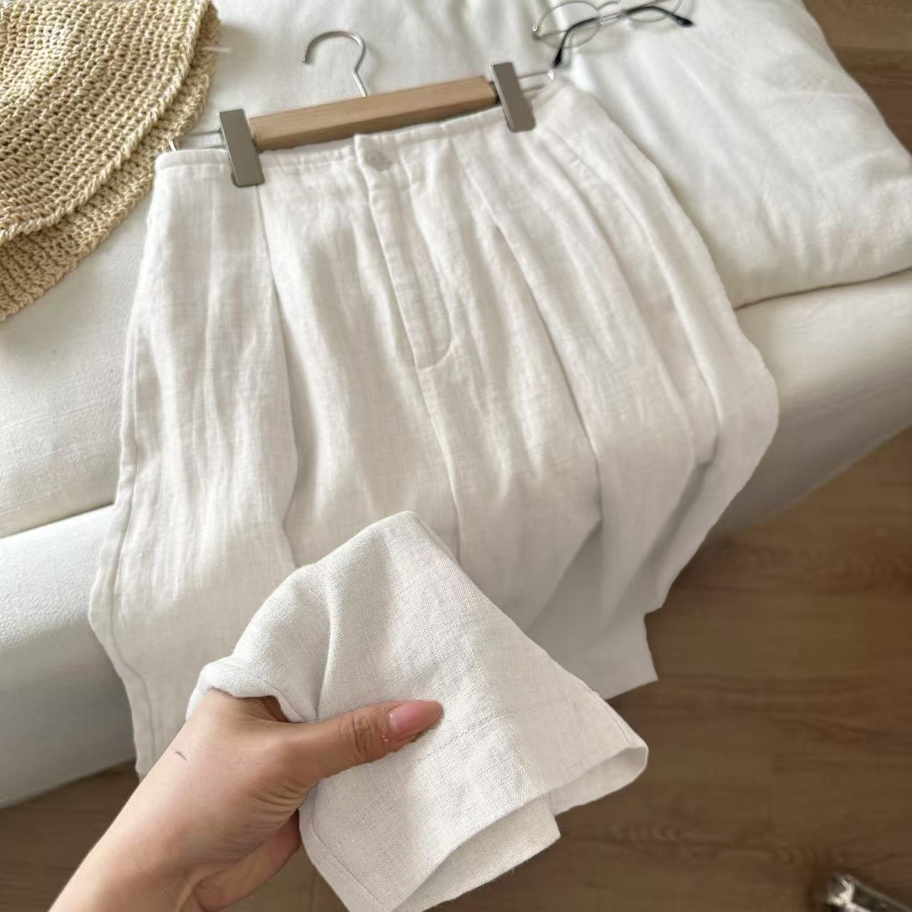 2026夏款纯色简约通勤气质棉麻阔腿裤女高腰显瘦宽松休闲直筒长裤