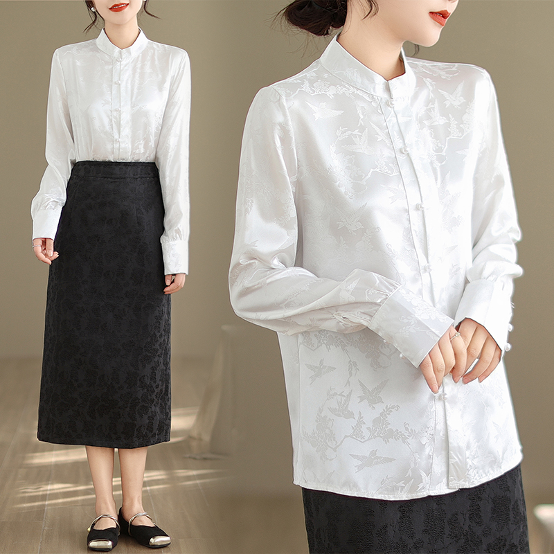 新中式国风气质缎面提花盘扣衬衫女春装复古高级感长袖立领上衣潮