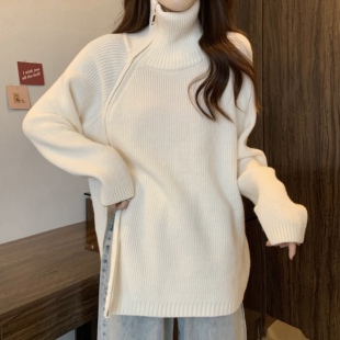 小菲家~胖MM大码慵懒风宽松侧边拉链高领毛衣女中长款长袖针织衫