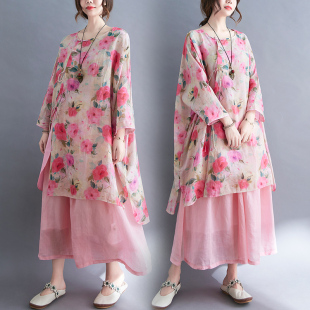 宽松显瘦中式 中长款 改良茶服斜襟系带上衣 女夏季 复古减龄苎麻衬衫