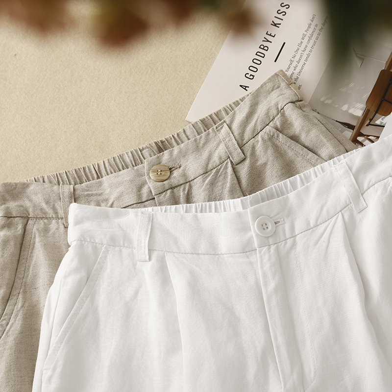 白色高端亚麻五分短裤女2024年夏季a字高腰宽松阔腿显瘦棉麻中裤