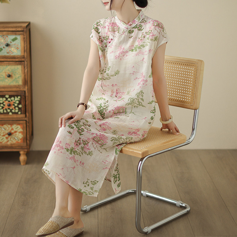 中国风斜襟盘扣改良旗袍连衣裙女夏季年轻款高端气质苎麻短袖裙子