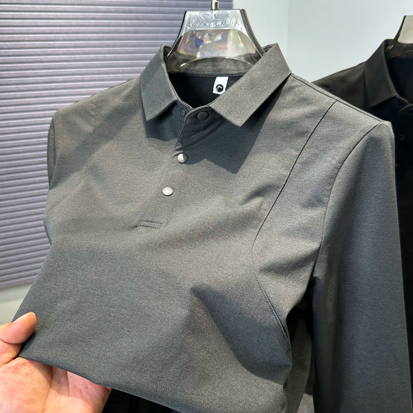 秋装新款衬衫领polo衫男纯色百搭运动休闲拼接长袖T恤男上衣服潮
