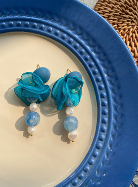 《蓝鸢尾》原创春夏复古梦幻蓝色花朵淡水珍珠气质显白耳环耳夹女