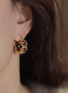 《摩卡焦糖》法式美拉德水晶耳环轻奢高级感夸张小众百搭耳饰女