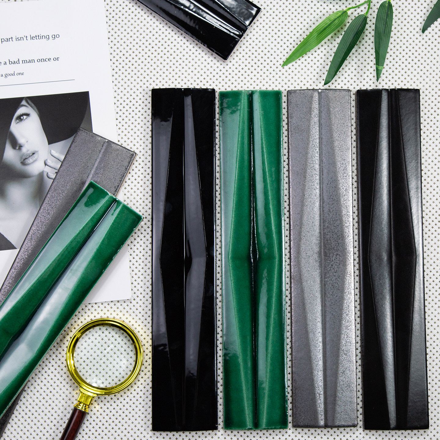 雅乐居长条立体绿黑色手工砖吧台收银台卫生间背景墙酒吧吧台瓷砖