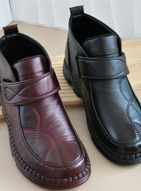 初冬老北京加绒女棉鞋二棉鞋薄绒高帮女短靴圆头平底休闲牛筋底黑