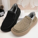 老北京男大棉长绒棉鞋宽松圆头爸爸鞋厚底超轻软弹黑色休闲布鞋潮