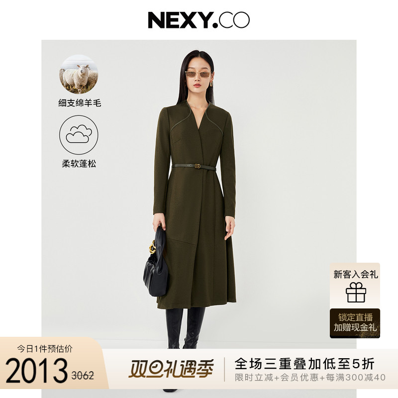 NEXY.CO/奈蔻冬季新款气质时尚收腰简约100羊毛连衣裙女百搭长裙