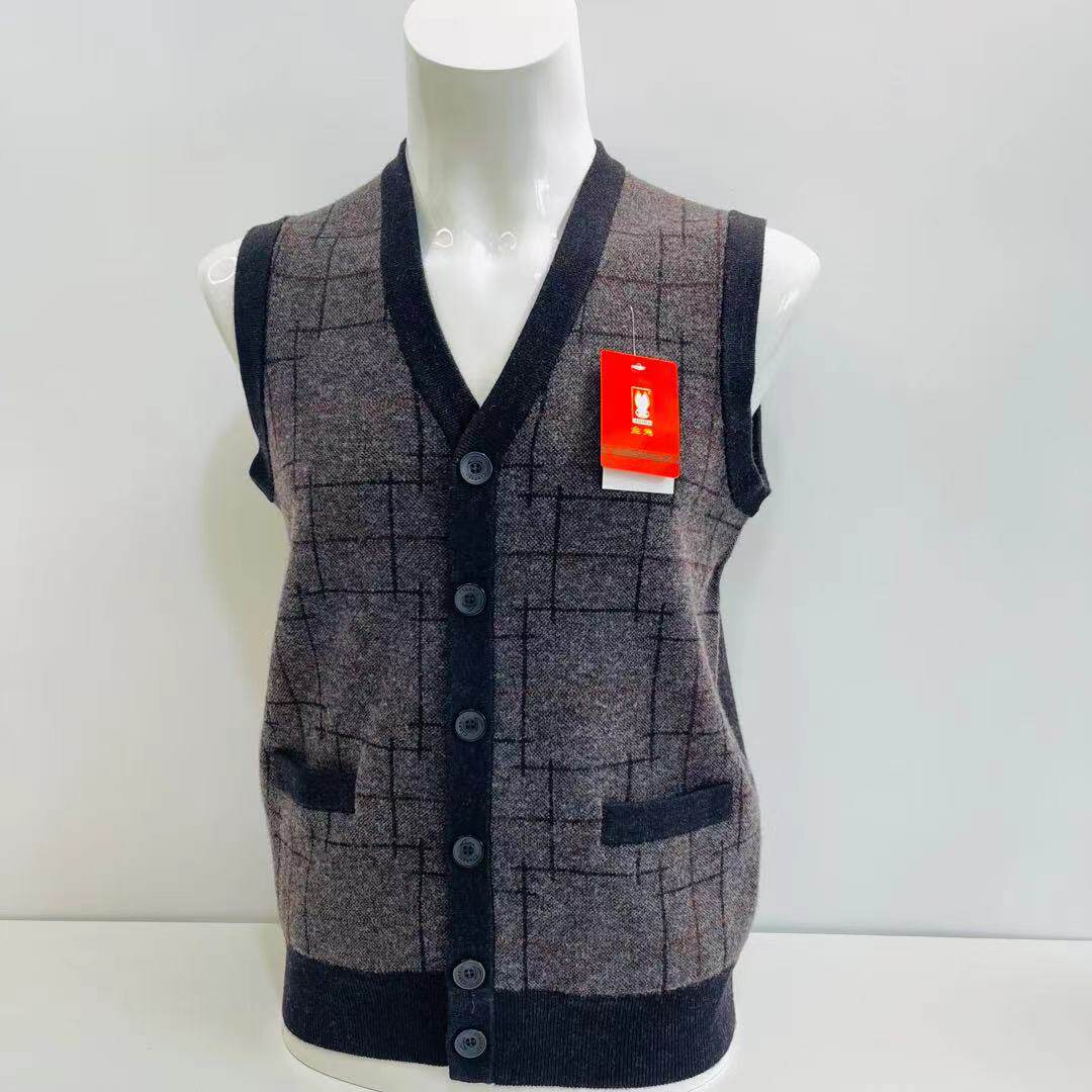 上海金兔纯羊毛衫背心开衫纽扣男装冬季中老年爸爸装毛衣大码加厚