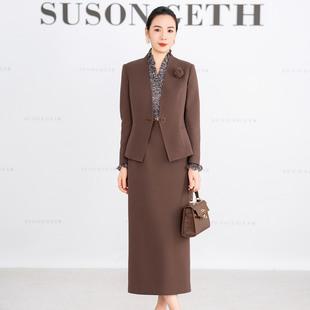 咖色毛呢套装裙女冬季新款气质职业西装羊毛修身显瘦连衣裙两件套