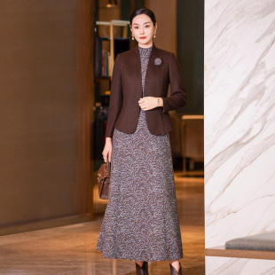外套修身 冬季 气质减龄咖色西装 裙女新款 连衣裙羊毛两件套 毛呢套装