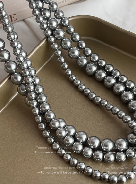 施家品质真多麻银灰色珍珠项链女法式轻奢小众高级感毛衣链颈链