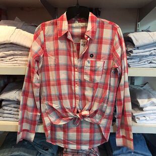 美国AF/格子女衬衫 百搭棉衬衫刺绣小鹿 口袋透气舒适显瘦 特价