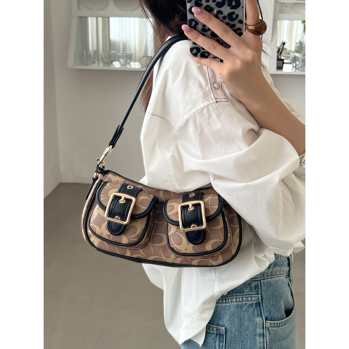 时尚撞色单肩腋下包多口袋机车包