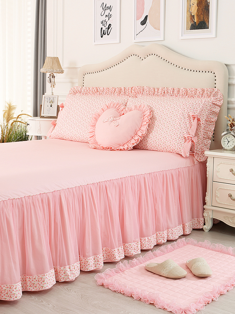 巧致生活全棉单件床裙床罩纯棉床裙式床套罩蕾丝公主粉色樱桃公主