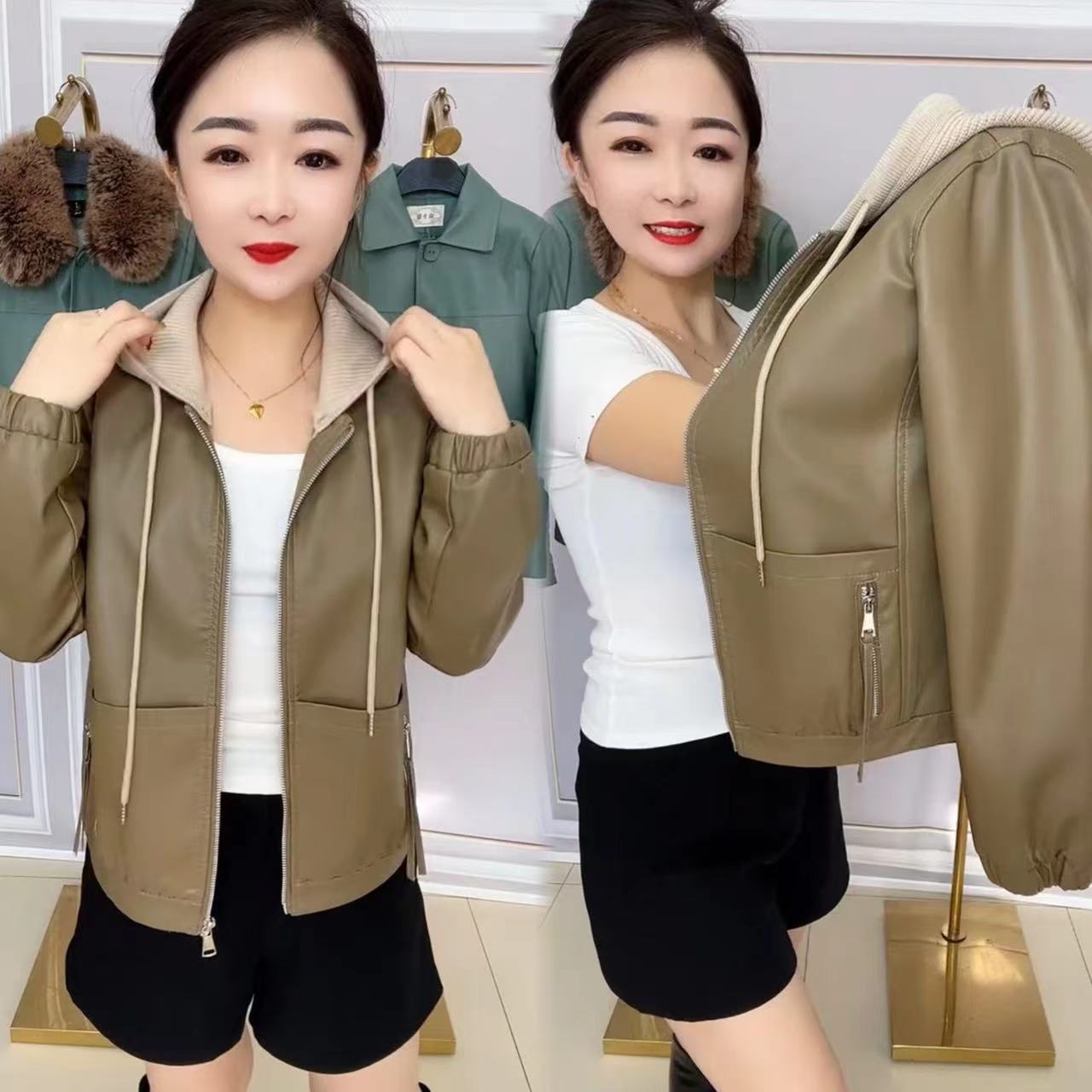 皮衣针织拼接连帽假两件皮夹克