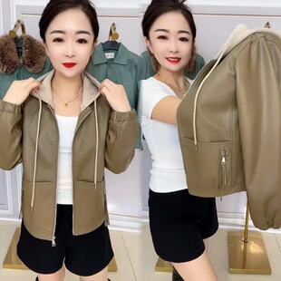 皮衣女2026春装 针织拼接连帽假两件宽松休闲洋气小众皮夹克潮 新款