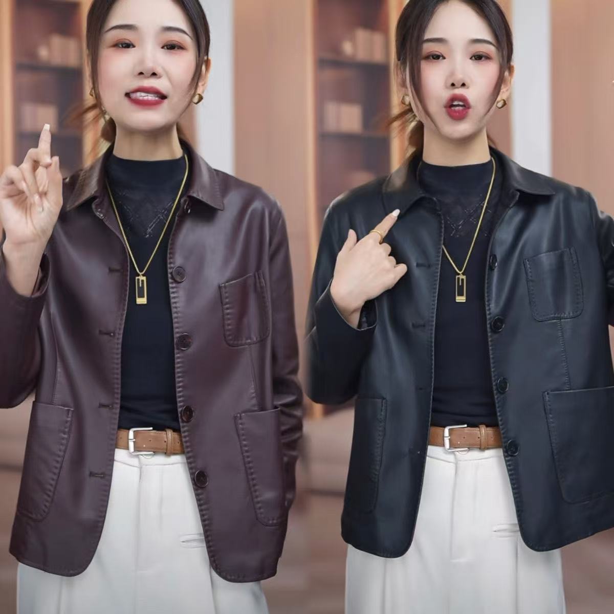 翻领皮衣女宽松洋气通勤百搭外套