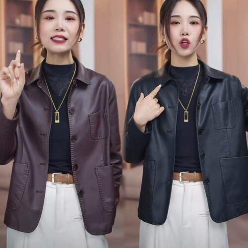 翻领皮衣女宽松洋气通勤百搭外套