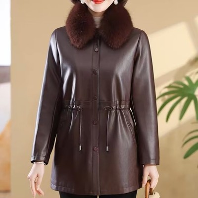加绒加厚皮衣外套女中长款皮风衣
