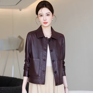 宽松休闲百搭夹克上衣外套女 复古翻领显瘦皮衣短款 2025春秋季 新款