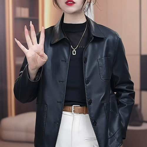 安可拉红皮衣女翻领皮夹克外套潮