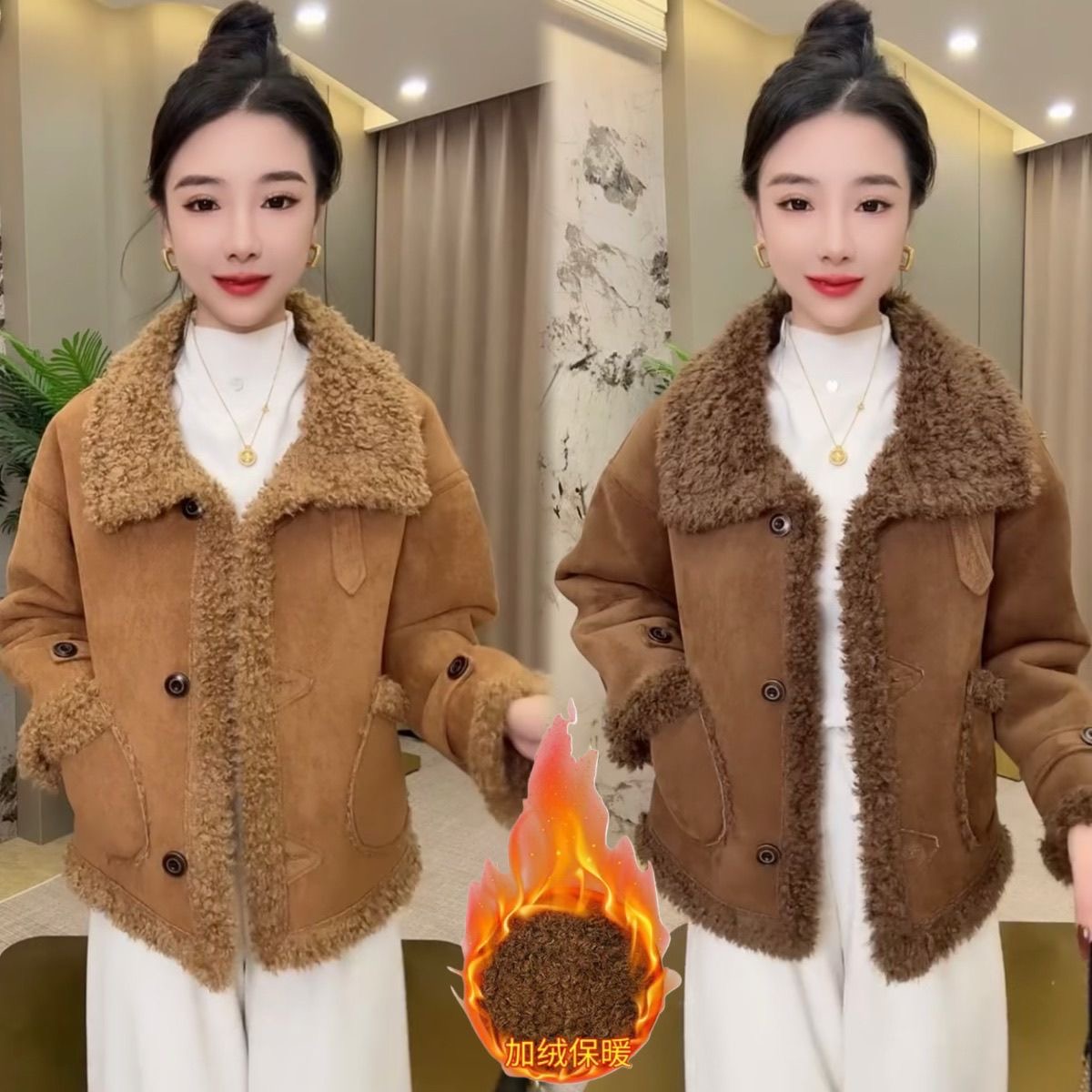 爆款加厚皮毛一体翻领外套女秋冬羊羔毛加绒机车服宽松鹿皮绒上衣