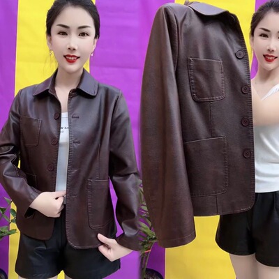 秋季新款咖色翻领皮衣机车外套