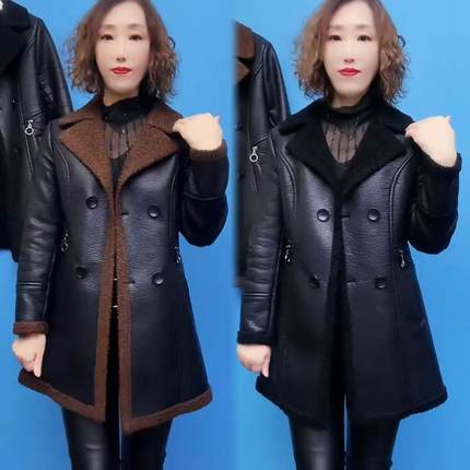 加绒加厚大码皮衣女中长款2024冬季新款修身PU皮毛一体羊羔毛外套