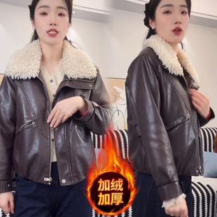 酷飒机车PU皮夹克潮 保暖时尚 大翻领加绒皮衣短外套女2025冬季 新款