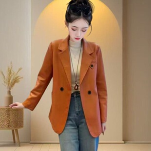 时尚 2026春秋新款 海宁正品 休闲西服领气质皮衣外套女 单里衬